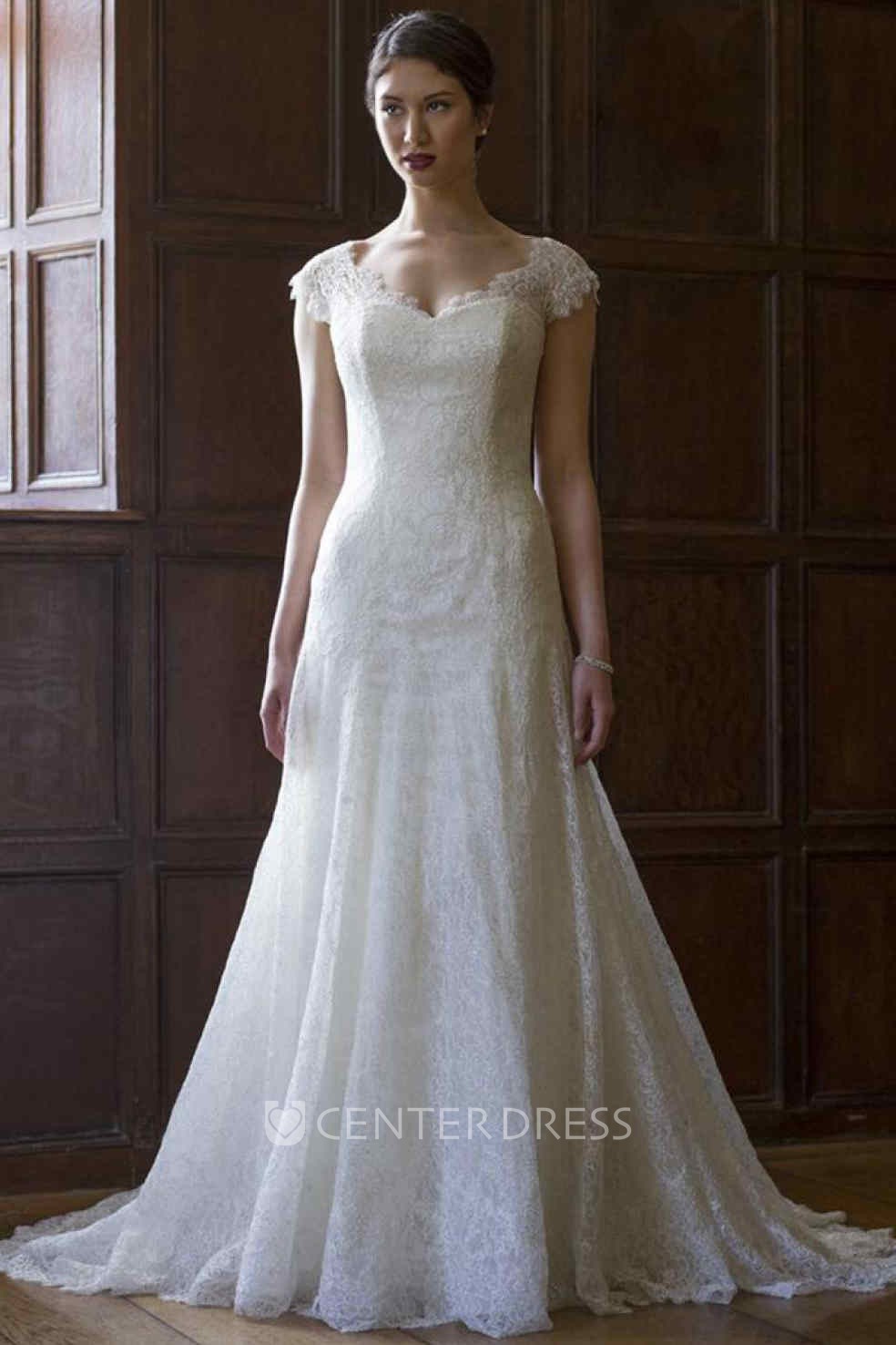 A Line Cap Sleeve V Neck Lace Wedding Dress With Illusion
