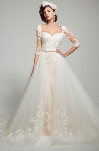 Ball Gown 3 4 Sleeve Square Neck Tulle Lace Wedding Dress With