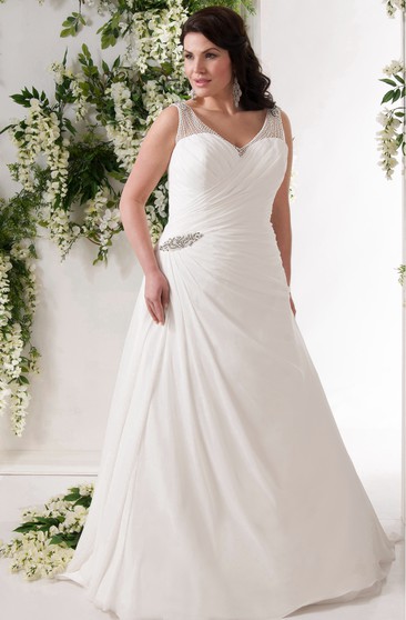 V Neck Long Ruched Chiffon Wedding Dress With Sweep Train And V