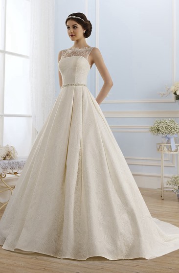 V Neck A Line Wedding Dress With Floral Lace Appliques And Pleated