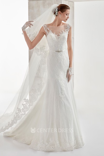 Jewel Neck Cap Sleeve Mermaid Wedding Dress With Beaded Belt And