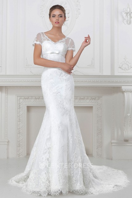 Trumpet V Neck Short Sleeve Liqued Long Lace Satin Wedding Dress With Waist Jewellery Trumpet V Neck Short Sleeve Liqued Long Lace Satin Wedding Dress With Waist Jewellery