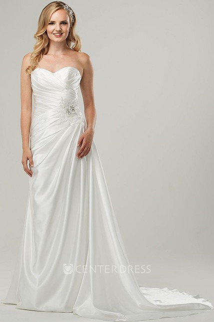 Sheath Floor Length Sweetheart Jeweled Satin Wedding Dress With