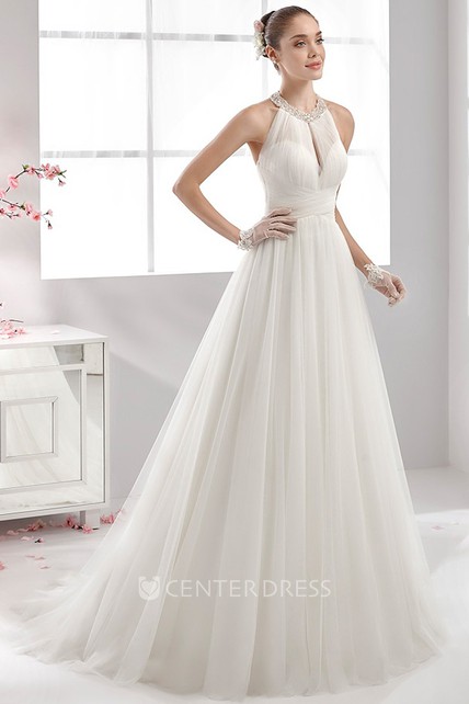 High Neck Strapless Wedding Dress With Bandage Waist And Pleated