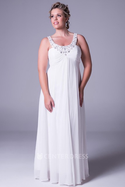 Strapped Ruched Sleeveless Chiffon Plus Size Wedding Dress With