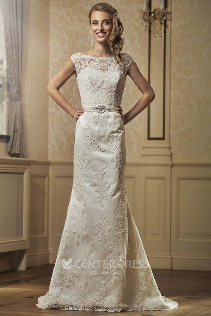 Sheath Cap Sleeve Bateau Neck Appliqued Floor Length Lace Wedding