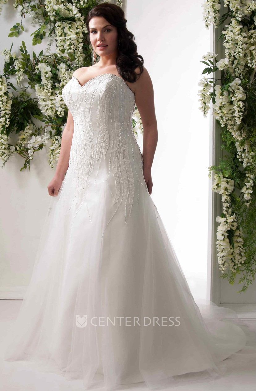 A Line Sweetheart Long Tulle Plus Size Wedding Dress With Beading