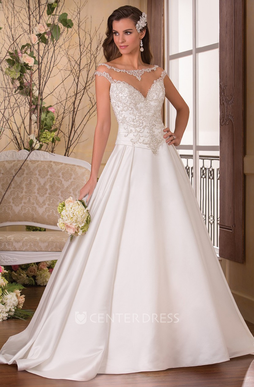 Cap Sleeved Bateau Neck A Line Wedding Dress With Jeweled Illusion