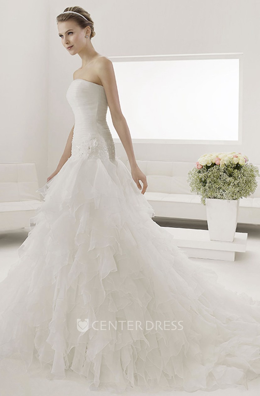 Strapless Ruched Bodice Mermaid Bridal Gown With Tiered Skirt