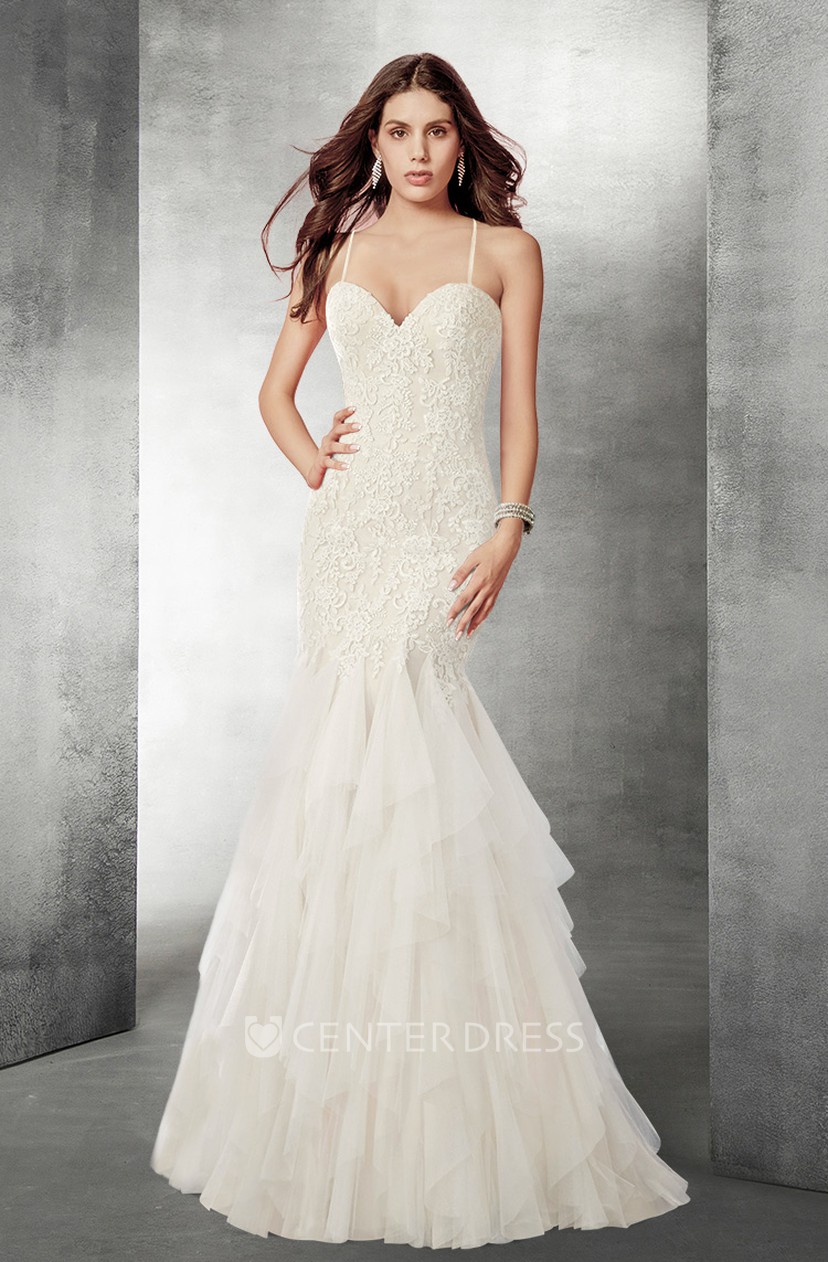 Sexy Spaghetti Lace And Tulle Mermaid Wedding Dress With Open Back