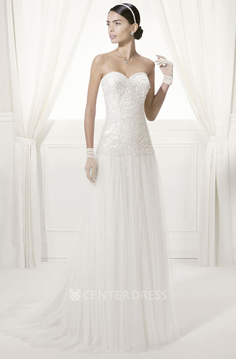 Backless Sweetheart Lace Top Tulle Bridal Gown With Drop Waist