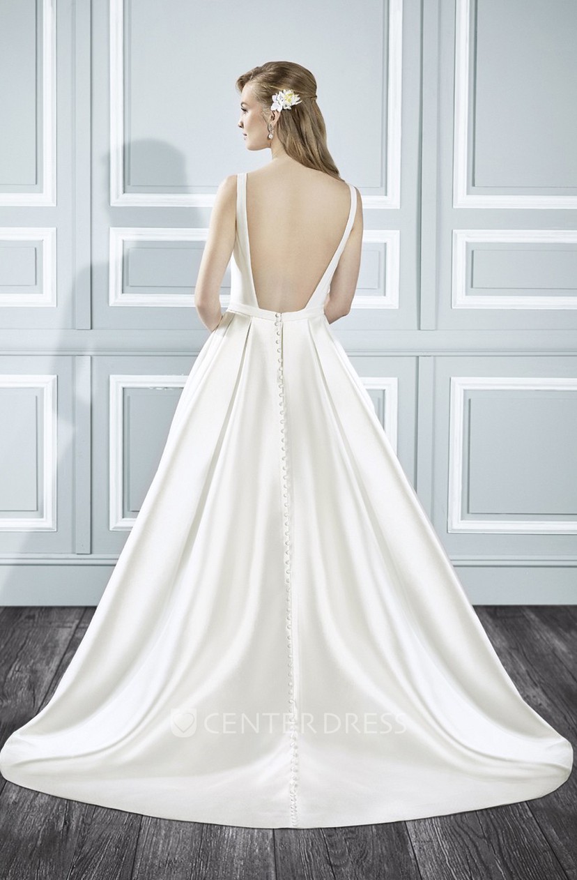 A Line Long Square Sleeveless Satin Wedding Dress With Court Train