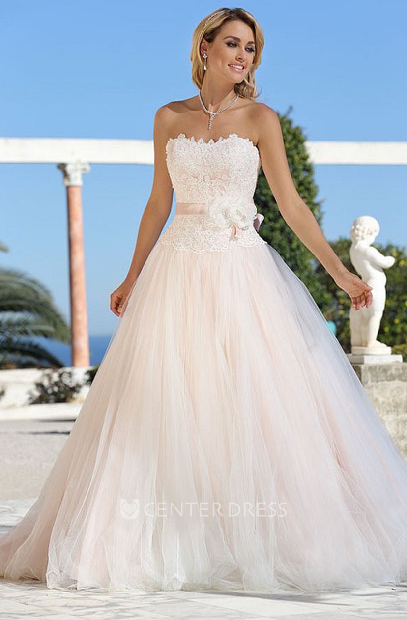 A Line Strapless Floor Length Sleeveless Appliqued Tulle Wedding