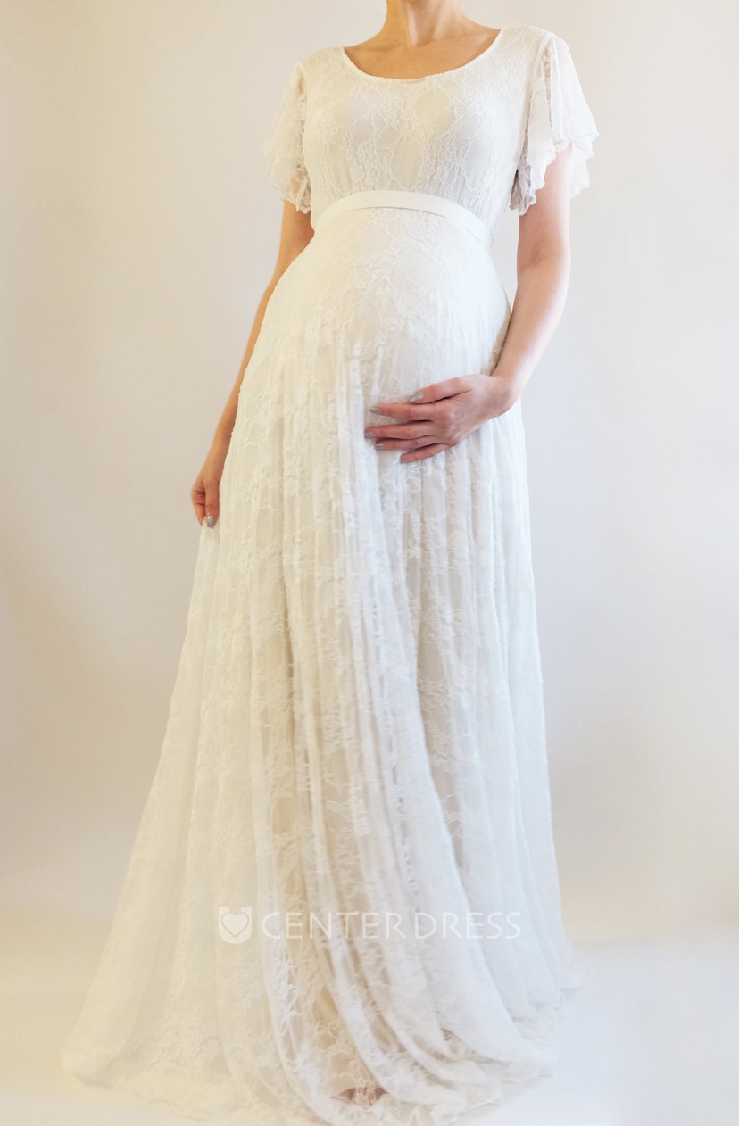 A Line Sweep Brush Train Short Sleeve Empire Maternity Wedding