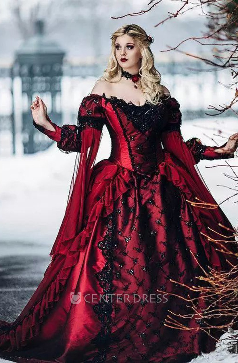 Long Sleeve Ball Gown Off The Shoulder Taffeta Chapel Train