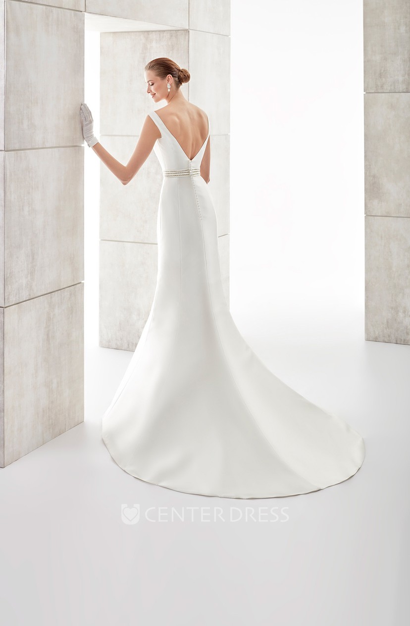 Sweetheart Brush Train Satin Wedding Dress With Beaded Belt And