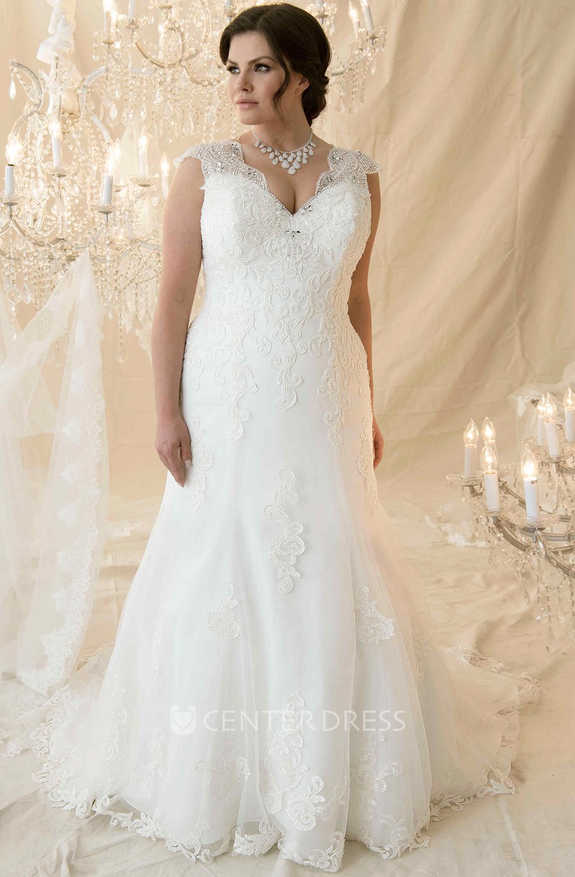 Trumpet Long Cap Sleeve Beaded V Neck Lace Plus Size Wedding Dress