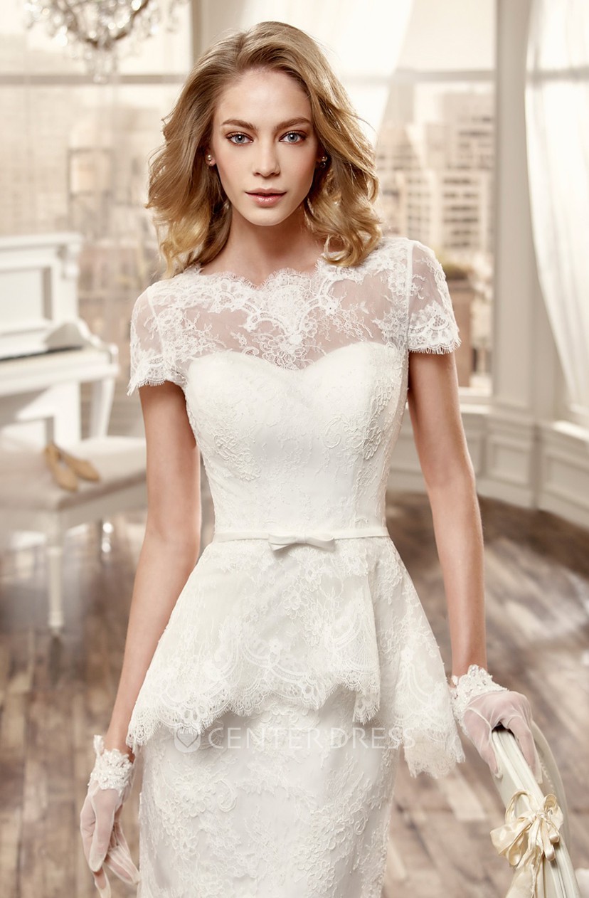 Illusive Short Lace Wedding Dress With T Shirt Sleeve And Pleats