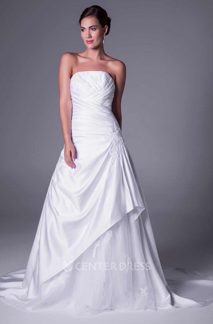 A Line Strapless Floor Length Side Draped Sleeveless Satin Wedding