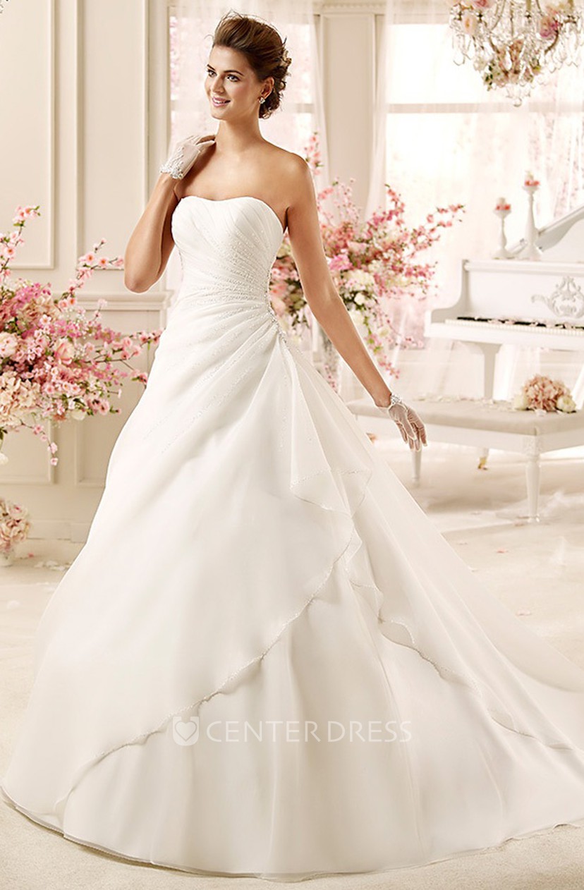 Strapless A Line Wedding Dress With Side Draping And Brush Train