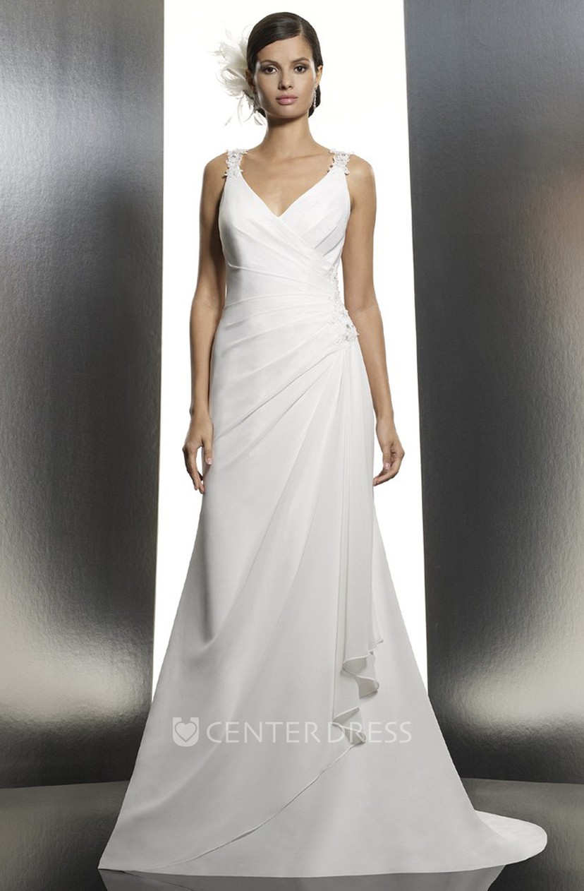 A Line Side Draped V Neck Floor Length Sleeveless Satin Wedding
