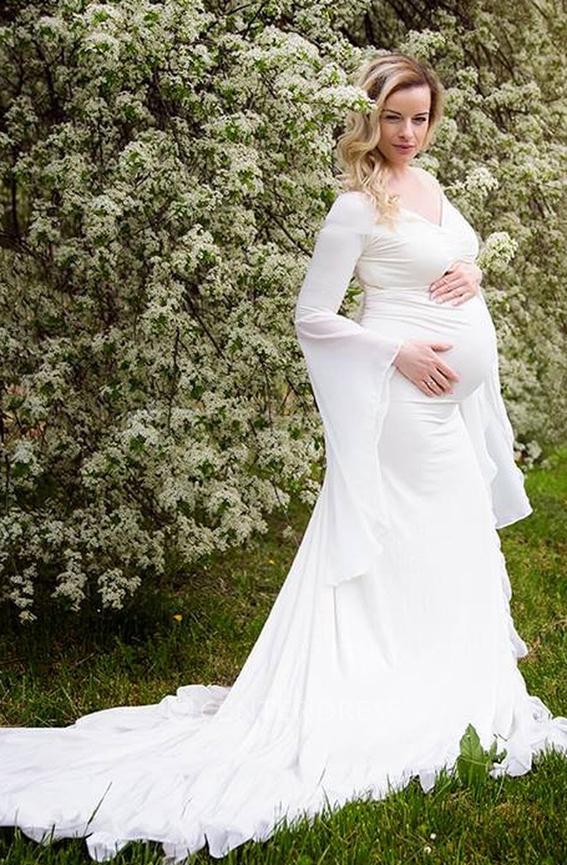Sheath Court Train Long Sleeve Empire Maternity Wedding Dress