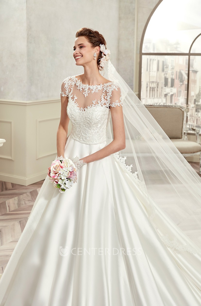 Jewel Neck A Line Bridal Gown With T Shirt Sleeves And Pleated