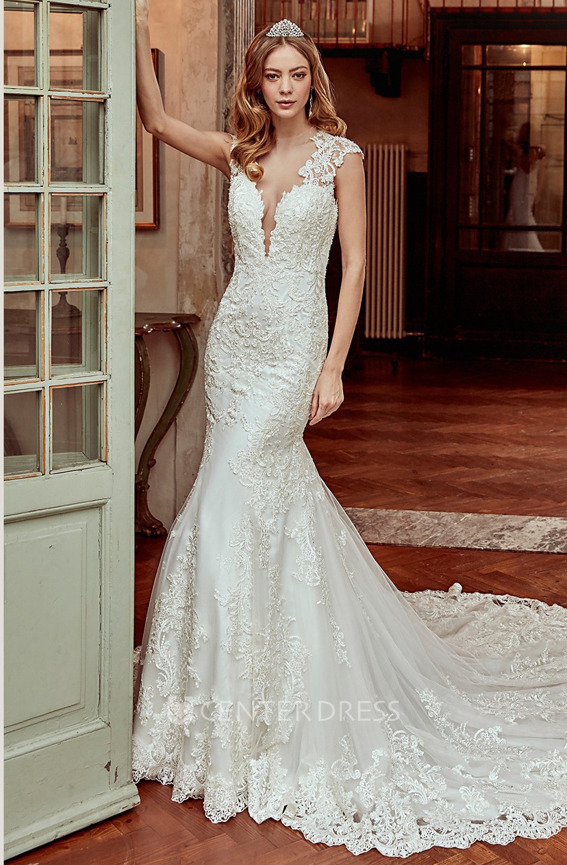 Cap Sleeve Sheath Lace Wedding Dress With Brush Train And Open