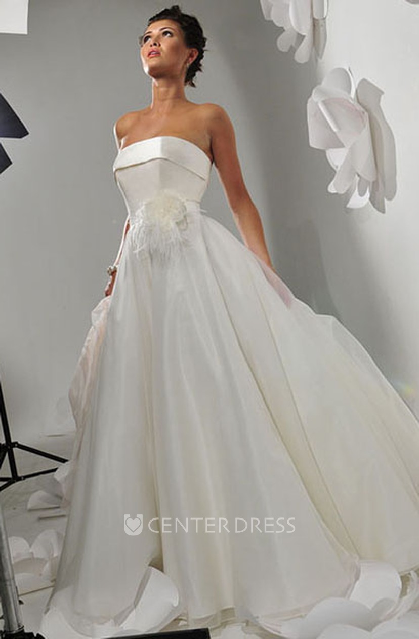 A Line Sleeveless Floor Length Strapless Floral Satin Wedding