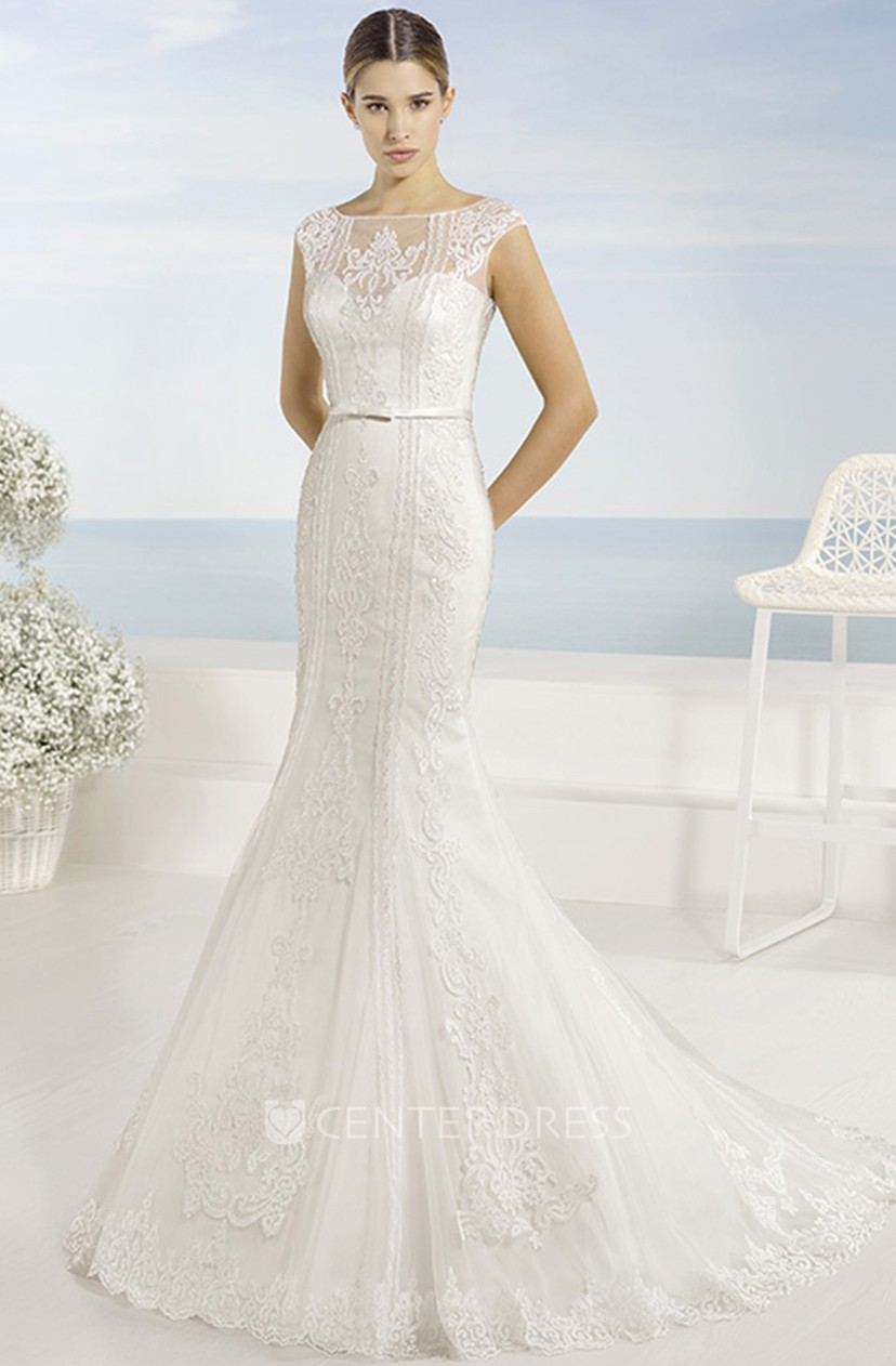 Trumpet Appliqued Long Bateau Cap Sleeve Lace Wedding Dress With