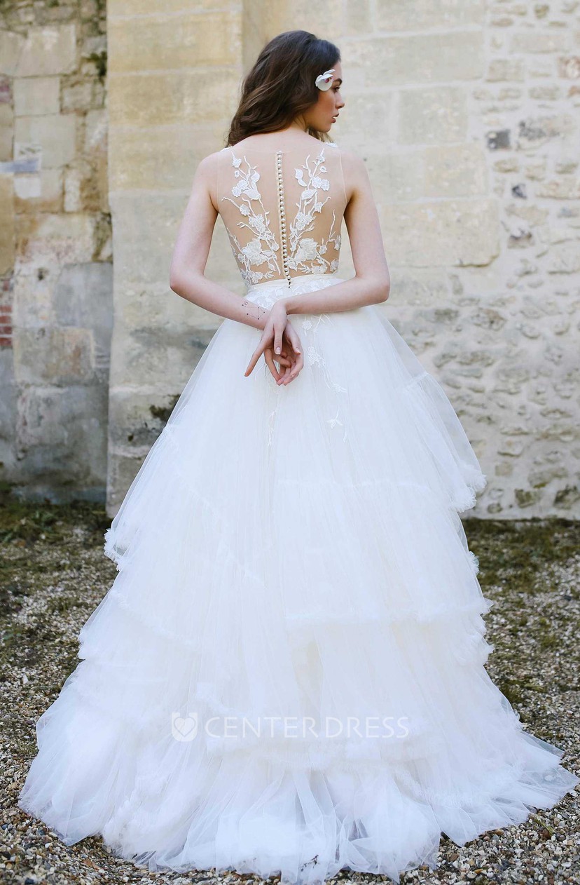 Tulle A Line Ball Gown Wedding Dress With Illusion Appliqued Top
