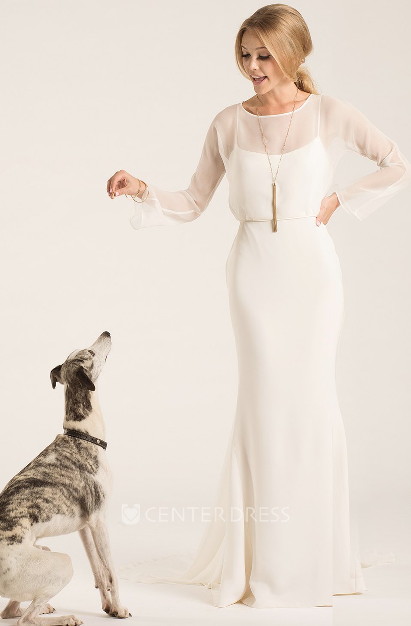 Scoop Floor Length Long Sleeve Chiffon Wedding Dress With Watteau Long Sleeve Chiffon Wedding Dress