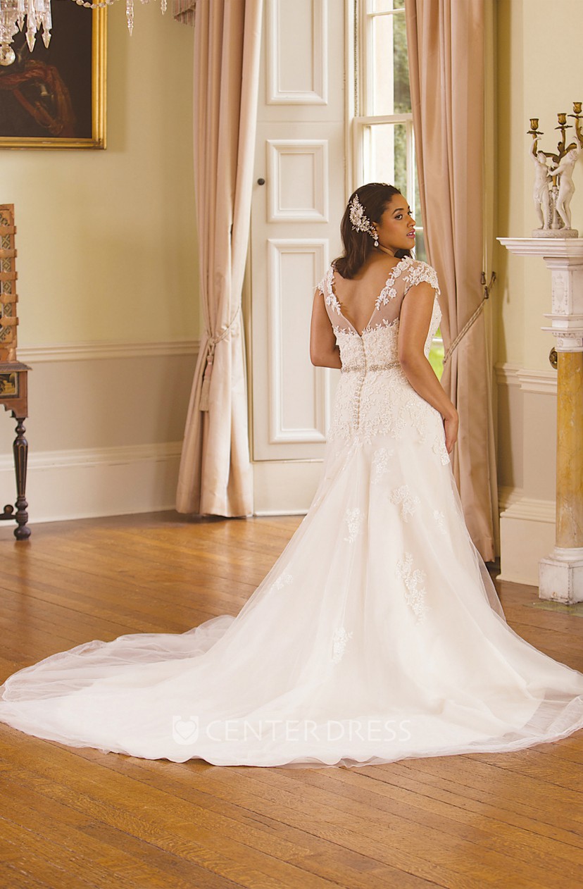 Jeweled Scoop Neck Cap Sleeve Lace Plus Size Wedding Dress