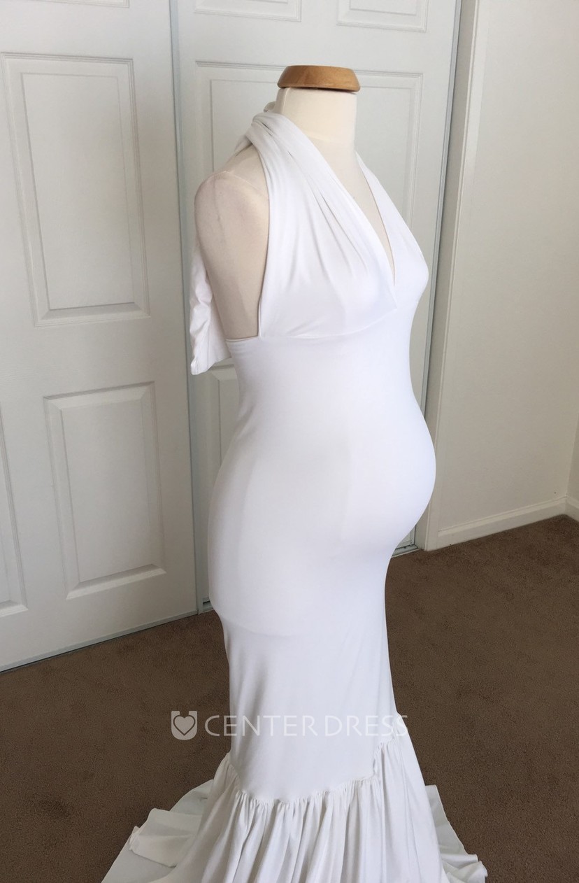 Mermaid Jersey V Neck Sleeveless Pleated Ruched Maternity Dress