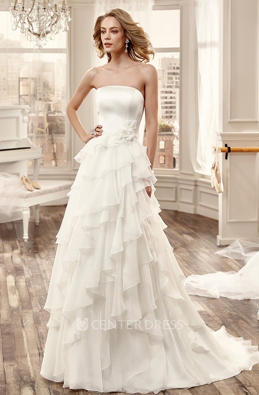 Strapless Long Wedding Dress With Cascading Ruching And Side