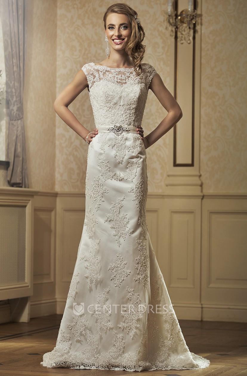 Sheath Cap Sleeve Bateau Neck Appliqued Floor Length Lace Wedding