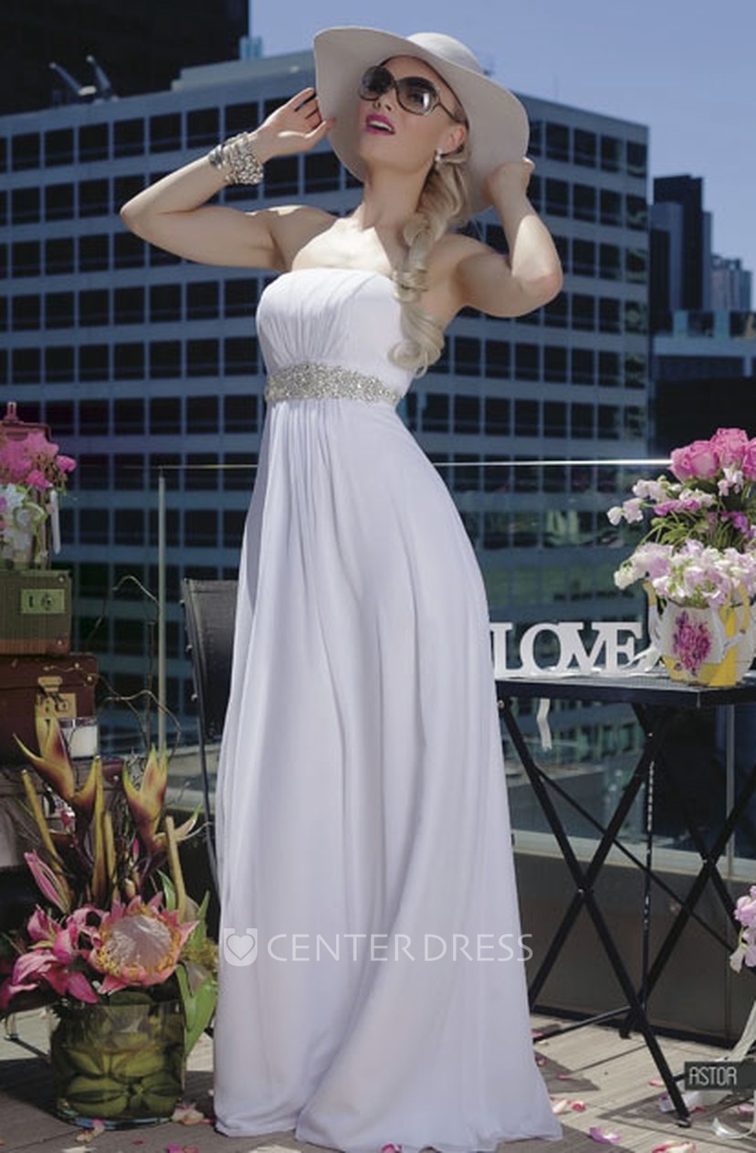 Floor Length Strapless Jeweled Chiffon Plus Size Wedding Dress