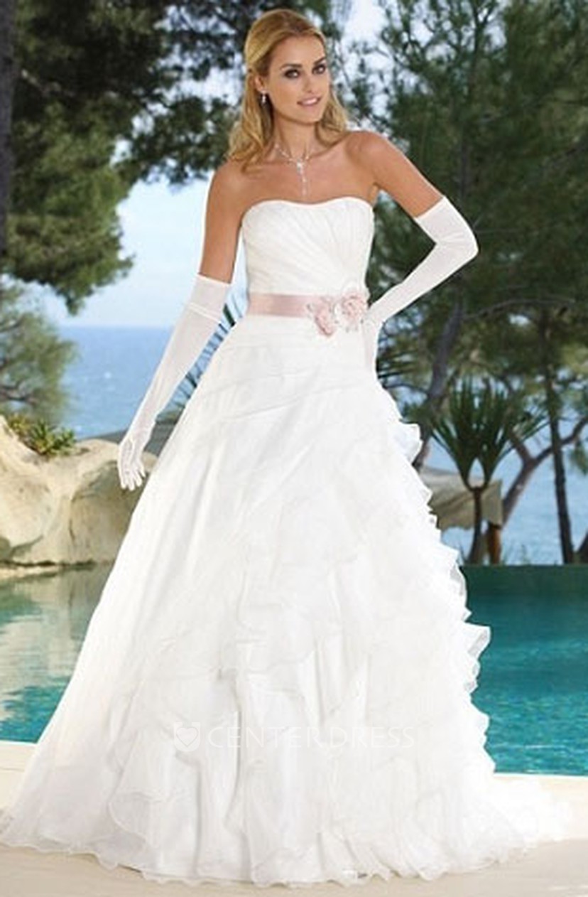 A Line Ruffled Strapless Organza Wedding Dress With Side Draping