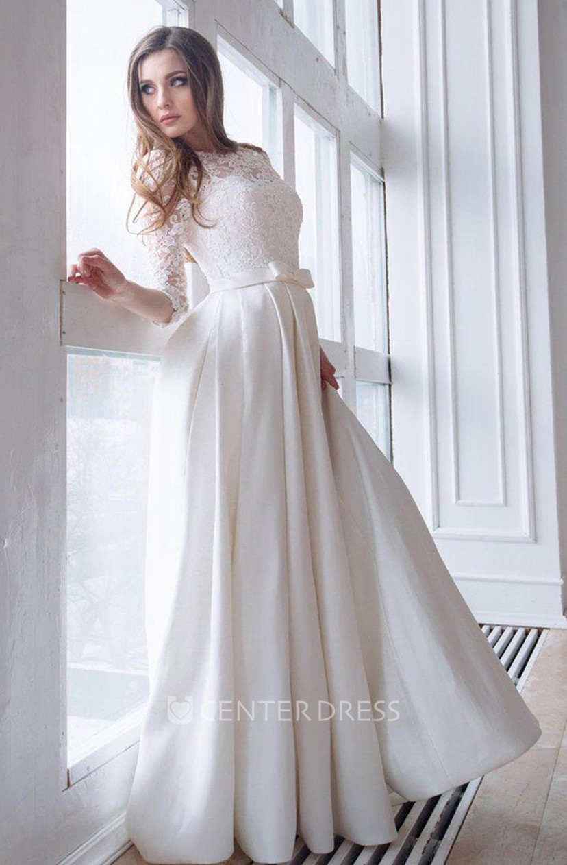 Scoop Neck Lace 3 4 Length Sleeve A Line Satin Wedding Dress With