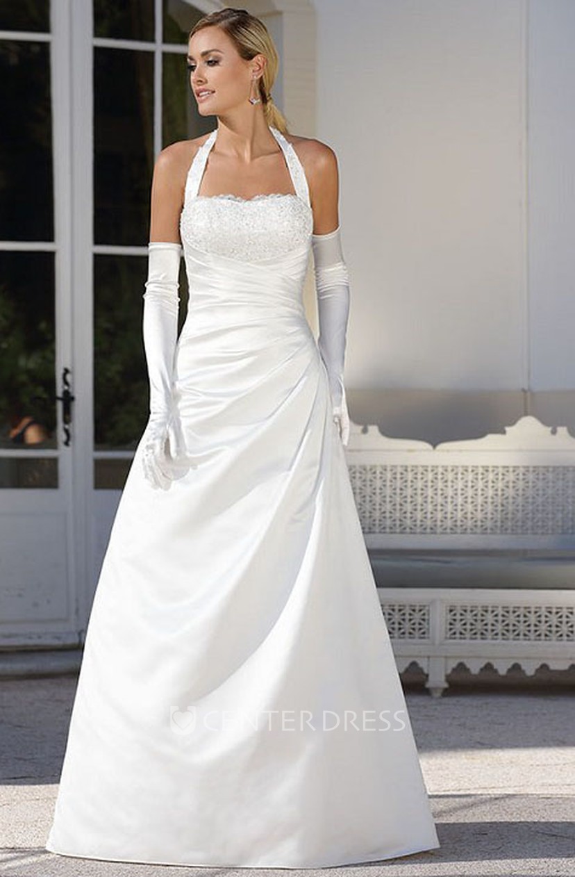 A Line Floor Length Side Draped Halter Sleeveless Satin Wedding