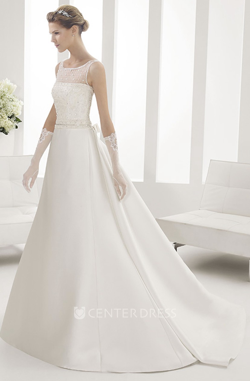 Illusion Jewel Neck Satin Wedding Gown With Crystal Bodice
