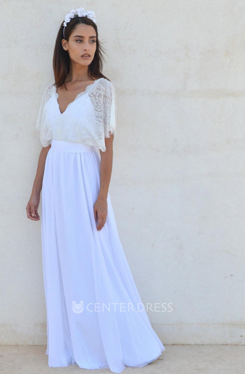 Bohemian V Neck Cleavage Lace Sleeves Wedding Dress Ucenter Dress