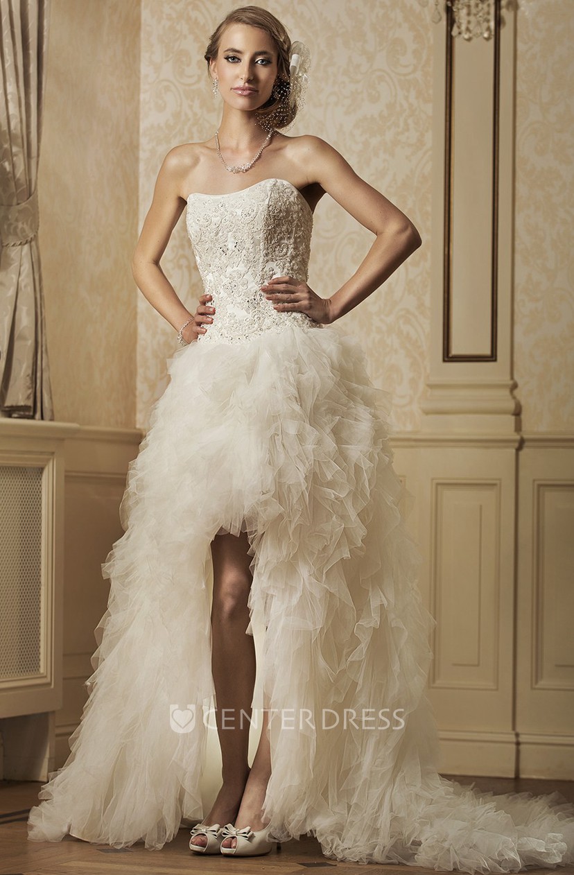 A Line Strapless Ruffled Tulle Wedding Dress With Split Front