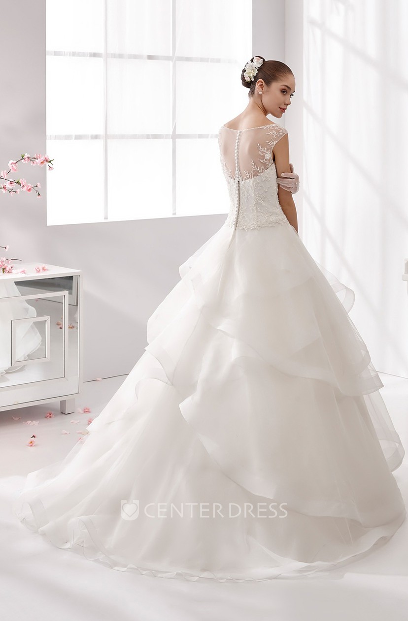 Jewel Neck A Line Wedding Gown With Lace Bodice And Ruffled Skirt