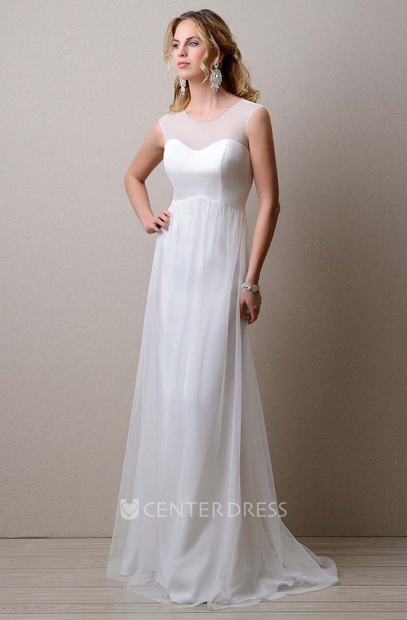 Jewel Neck Illusion Top Sleeveless Tulle Gown Featuring Keyhole