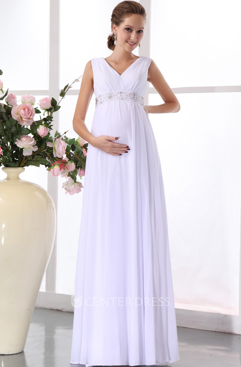 Empire Chiffon Maternity V Neck Wedding Gown With Beaded Waist