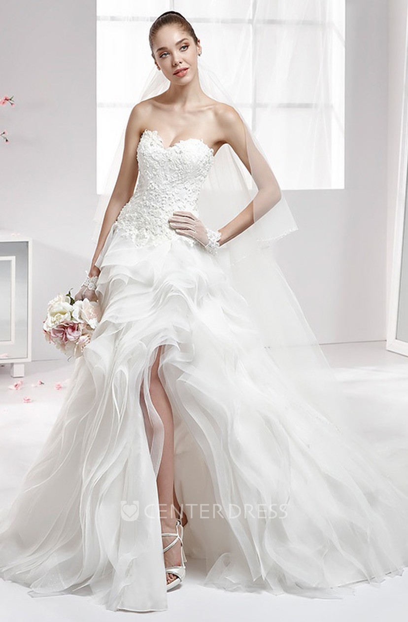 Sweetheart High Low Wedding Gown With Ruffled Skirt And Lace