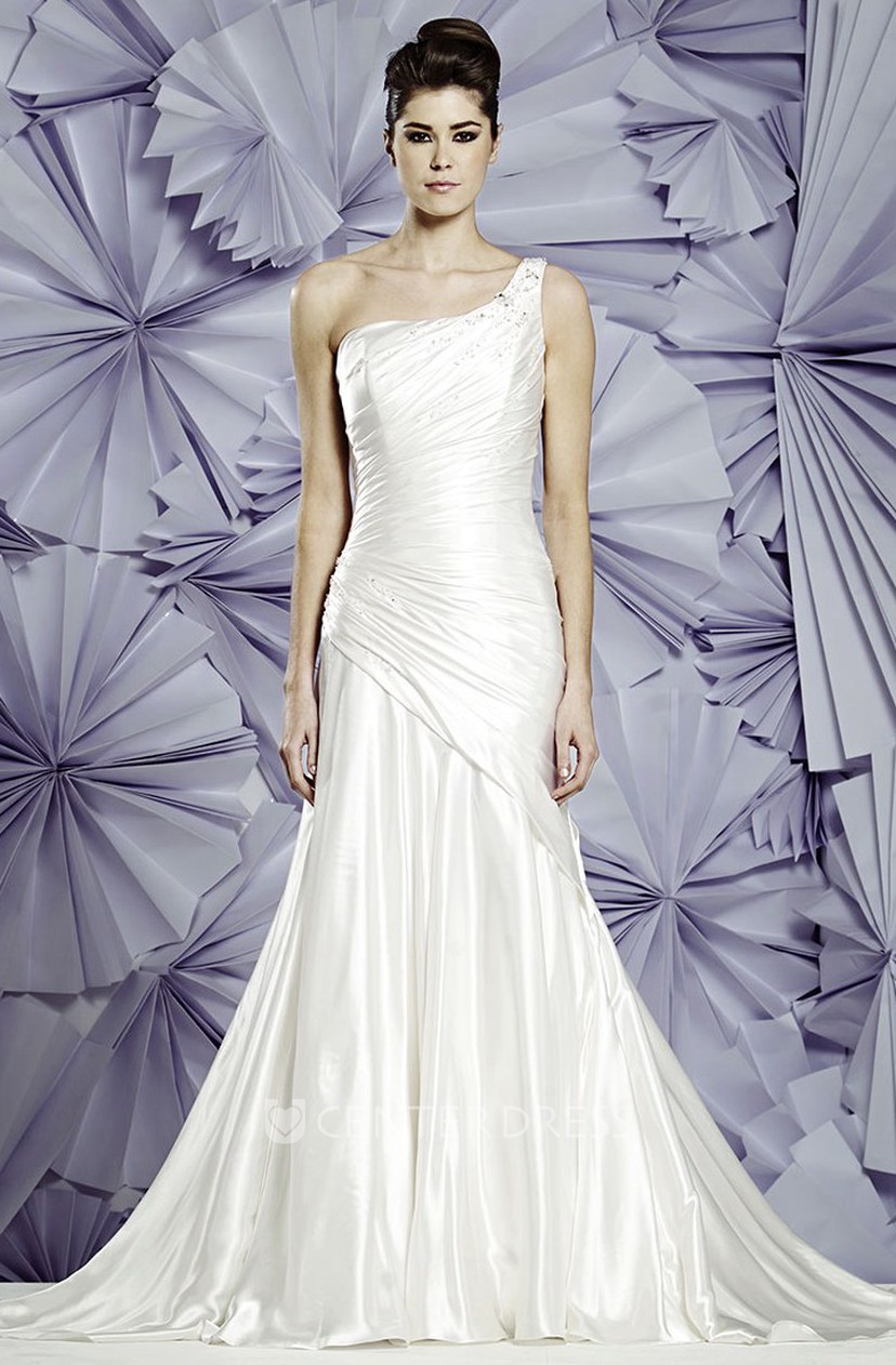 Long Beaded One Shoulder Sleeveless Satin Wedding Dress With Side