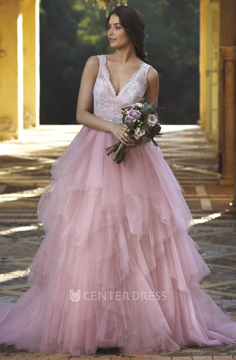 A Line Cascading Ruffle Sleeveless V Neck Floor Length Tulle