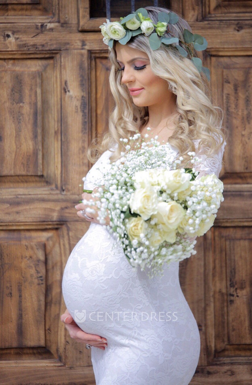 Mermaid Lace Scoop Long Sleeve Pleated Maternity Wedding Dress